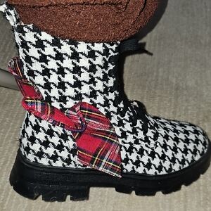 Betsey Johnson Houndstooth Combat Boots with Red Plaid Accent